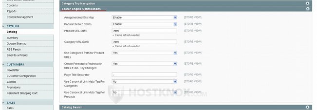 System Configuration Catalog Settings-Search Engine Optimizations Panel