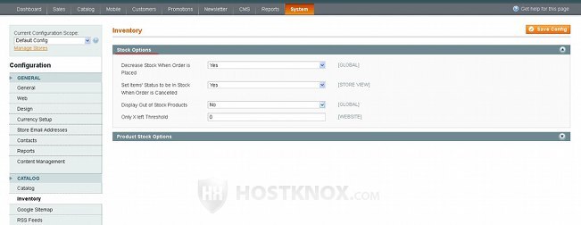 System Configuration Inventory Settings-Stock Options Panel