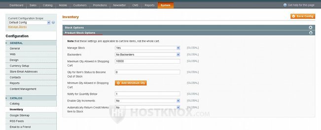 System Configuration Inventory Settings-Product Stock Options Panel