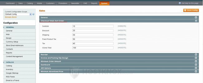 System Configuration Sales Settings-Checkout Totals Sort Order Panel