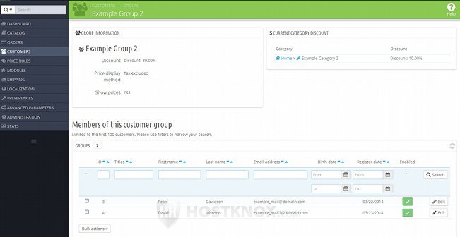 Page with Customer Group Information