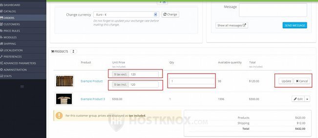 Products Block on the Order Details Page-Options for Editing the Price and Quantity of a Product