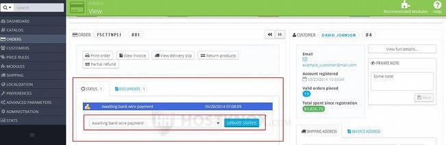 Order Details Page in the Admin Panel-Changing the Status of an Order