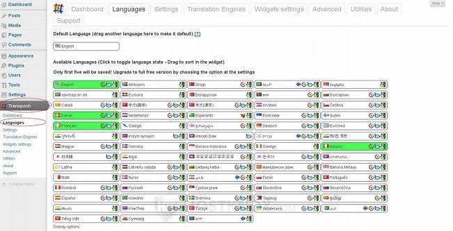 Transposh Plugin-Enabling Languages