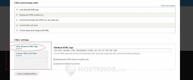 Configuring a Text Format-Filter Settings