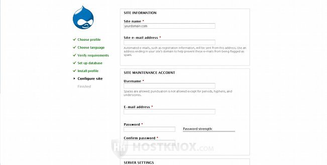 Site Information and Administrator Account Settings