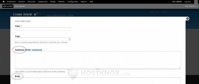 Admin Panel-Specifying the Body and Summary for the Content Item