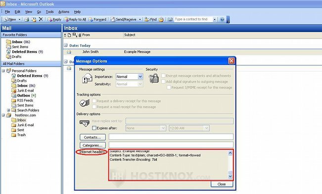 Viewing Email Headers in Outlook 2003-Window with Header Fields