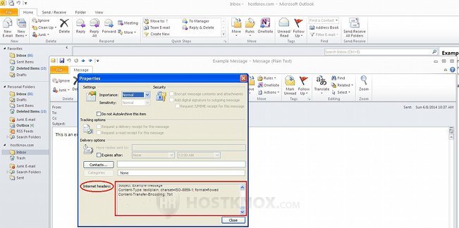 Viewing Email Headers in Outlook 2010-Window with Header Fields