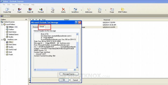 Viewing Email Headers in Outlook Express-Window with Header Fields