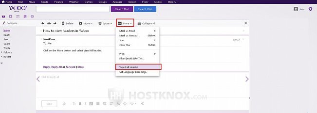 Viewing Email Headers in Yahoo from the Message Content Page