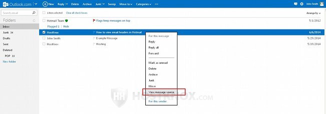 Viewing Email Headers in Hotmail from the Message List