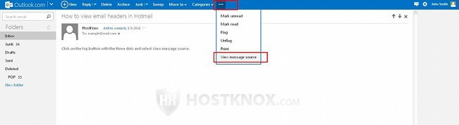 Viewing Email Headers in Hotmail from the Message Content Page