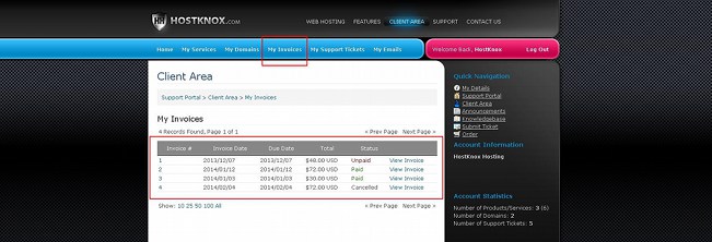 Invoices Section in the Client Area