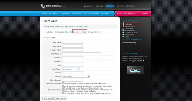 Form for Adding Contacts and Sub-Accounts