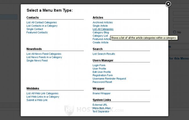 Menu Item Type Window