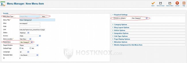 Example Subcategory Menu Item Settings