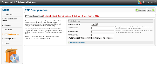 Joomla 1.6 Installation - FTP Configuration