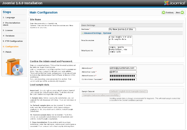 Joomla 1.6 Installation - Main Configuration