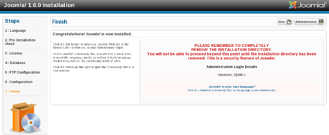 Joomla 1.6 Installation - Finish