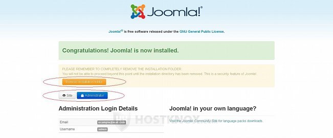Installing Joomla 3-Confirmation Message