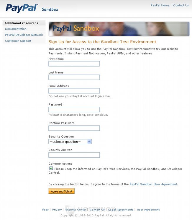 PayPal Sandbox Sign Up Form