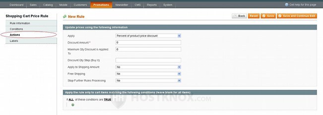 Shopping Cart Price Rule Action Settings