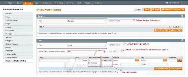 Example of System Downloadable Product Options that Can be Changed on the Add/Edit Product Form