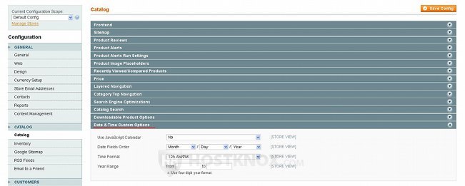 System Configuration Catalog Settings-Date & Time Custom Options Panel
