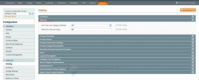 System Configuration Catalog Settings-Sitemap Panel