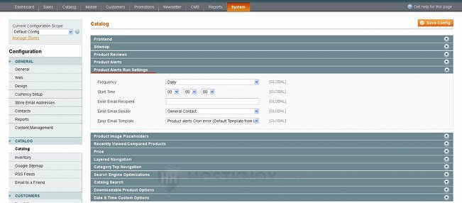 System Configuration Catalog Settings-Product Alerts Run Settings Panel