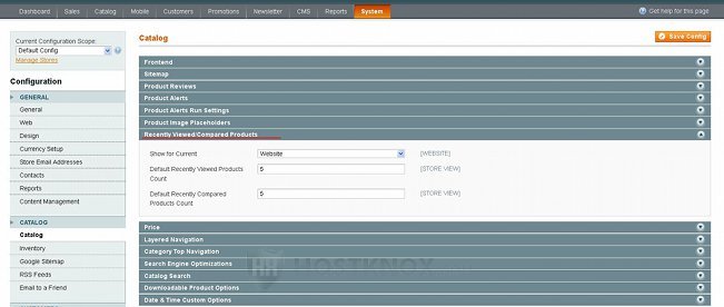 System Configuration Catalog Settings-Recently Viewed/Compared Products Panel