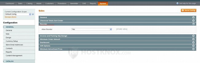 System Configuration Sales Settings-Reorder Panel