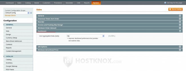 System Configuration Sales Settings-Dashboard Panel