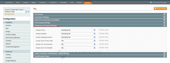 System Tax Settings-Shopping Cart Display Settings