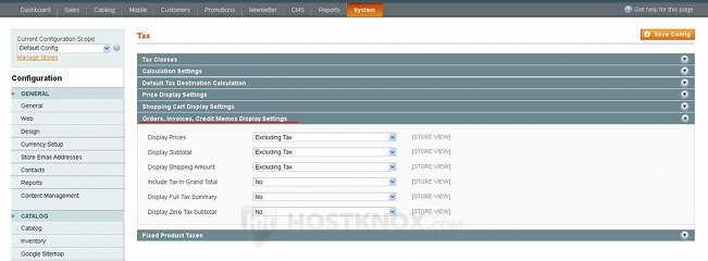 System Tax Settings-Orders, Invoices, Credit Memos Display Settings