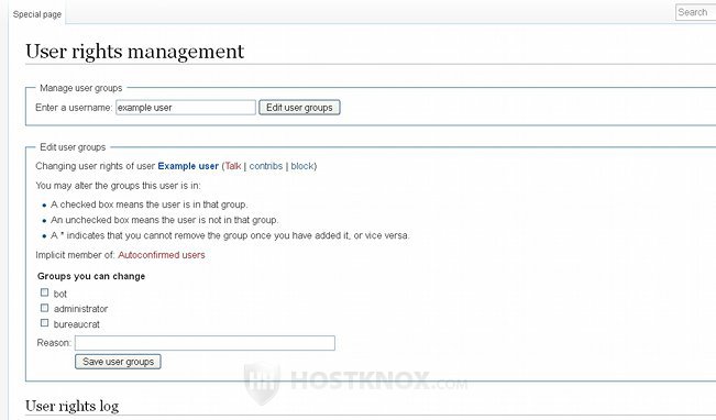 User Rights Management Page-Options for Assigning a User to Groups
