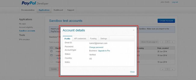 Developer PayPal Account-Window with the Account Details of a Test Account