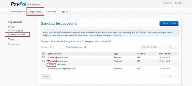 Developer PayPal Account-Viewing the Details of a Test Account