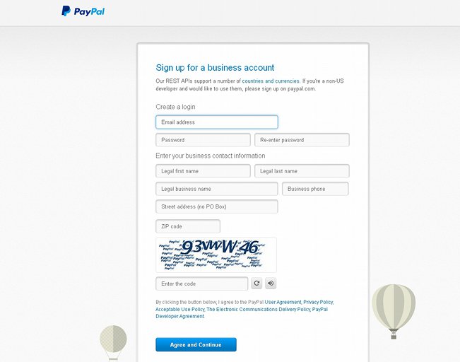 Form on the Developer PayPal Site for Creating an Account