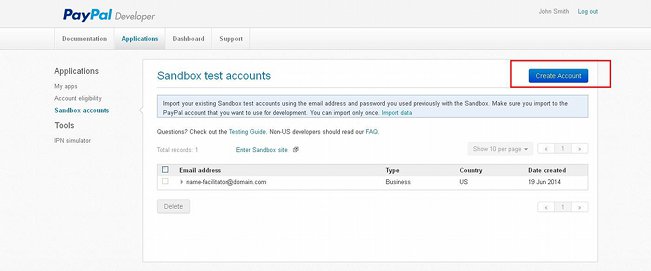 Developer PayPal Account-Button for Creating Sandbox Test Accounts