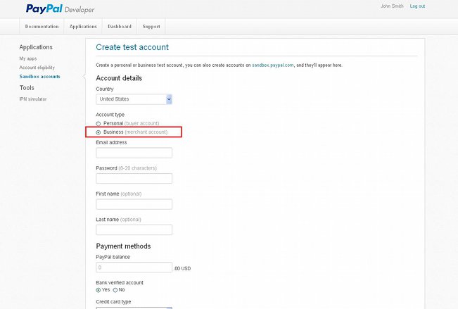 Developer PayPal Account-Form for Creating Sandbox Test Accounts