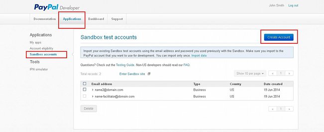 Developer PayPal Account-Section with Sandbox Test Accounts