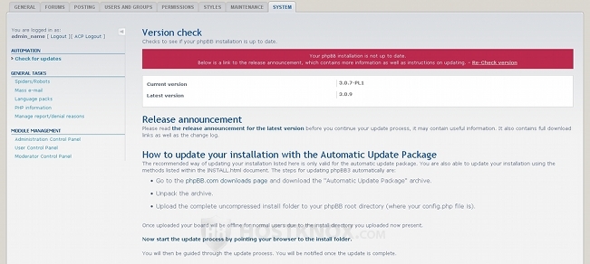 Admin Panel System Tab