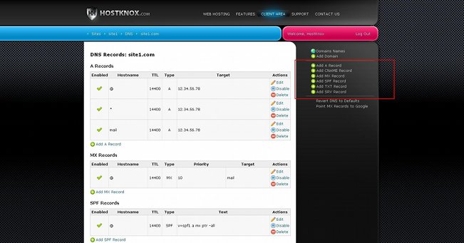 Buttons for Adding DNS Records