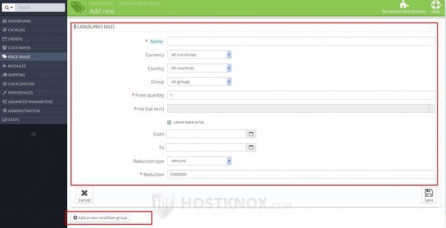 Form for Adding/Editing Catalog Price Rules