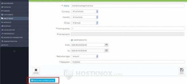 Form for Adding/Editing Catalog Price Rules-Button for Displaying the Options for Conditions