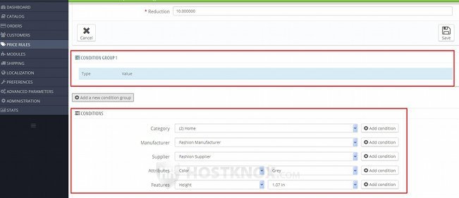 Form for Adding/Editing Catalog Price Rules-Options for Conditions