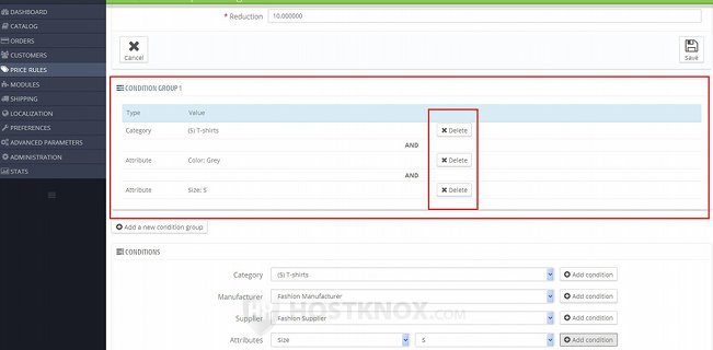 Form for Adding/Editing Catalog Price Rules-Deleting Conditions