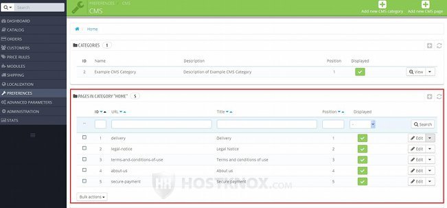 Table Listing the CMS Pages in the Selected Category